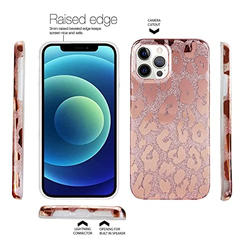 J.west Case Compatible with iPhone 12 Pro Max 6.7-inch, Luxury Saprkle Bling Glitter Leopard Print Design Soft Metallic Slim Protective Phone Cases for Women Girls TPU Silicone Cover Case Rose Gold