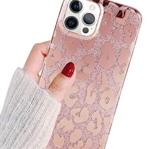 J.west Case Compatible with iPhone 12 Pro Max 6.7-inch, Luxury Saprkle Bling Glitter Leopard Print Design Soft Metallic Slim Protective Phone Cases for Women Girls TPU Silicone Cover Case Rose Gold