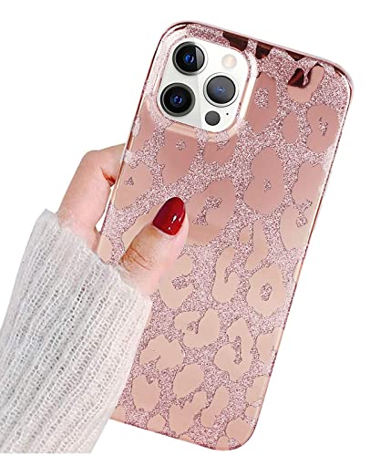 J.west Case Compatible with iPhone 12 Pro Max 6.7-inch, Luxury Saprkle Bling Glitter Leopard Print Design Soft Metallic Slim Protective Phone Cases for Women Girls TPU Silicone Cover Case Rose Gold