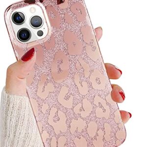 J.west Case Compatible with iPhone 12 Pro Max 6.7-inch, Luxury Saprkle Bling Glitter Leopard Print Design Soft Metallic Slim Protective Phone Cases for Women Girls TPU Silicone Cover Case Rose Gold