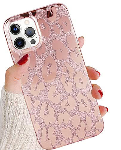 J.west Case Compatible with iPhone 12 Pro Max 6.7-inch, Luxury Saprkle Bling Glitter Leopard Print Design Soft Metallic Slim Protective Phone Cases for Women Girls TPU Silicone Cover Case Rose Gold