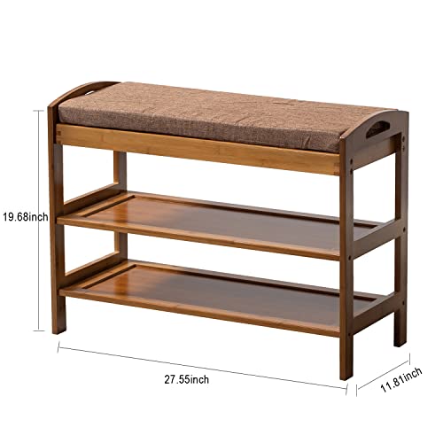 Bamboo 3 Tier Shoe Rack Bench, Shoe Organizer or Entryway Bench, with Storage and Foam Pad Seat Shoe Rack, Perfect for Hallway Living Room Bedroom Corridor