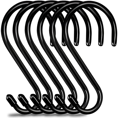 Dreecy 6 Inch Large S Hooks for Hanging Plants Clothes Tools, Heavy Duty Non-Slip Vinyl Coated Metal Hanging Hooks Black S Shaped Hooks for Pots Pans Hats Jeans Indoor Outdoor 6 Pack