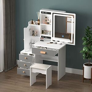 famapy vanity desk with mirror and lights and drawers, vanity mirror with lights desk and chair, wood makeup vanity with drawers & shelves, cushion stool, for bedroom white and grey