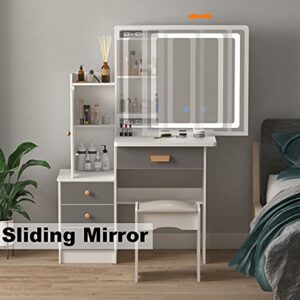 FAMAPY Vanity Desk with Mirror and Lights and Drawers, Vanity Mirror with Lights Desk and Chair, Wood Makeup Vanity with Drawers & Shelves, Cushion Stool, for Bedroom White and Grey