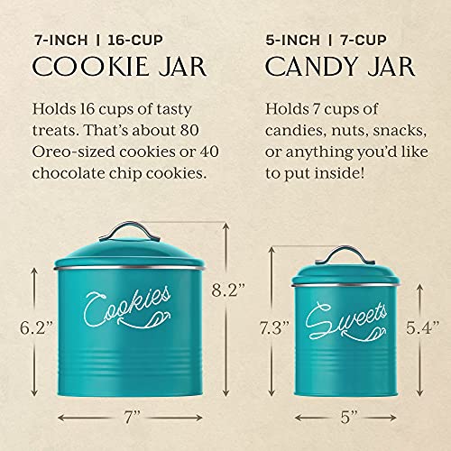 Candy Jar & Cookie Jar for Kitchen counter | Farmhouse Kitchen Jars for Storage of Your Favorite Treats | Large & Medium Canisters Set of Two Cookie & Candy Jars with Lids | Airtight Jar by Nirgals (Teal)