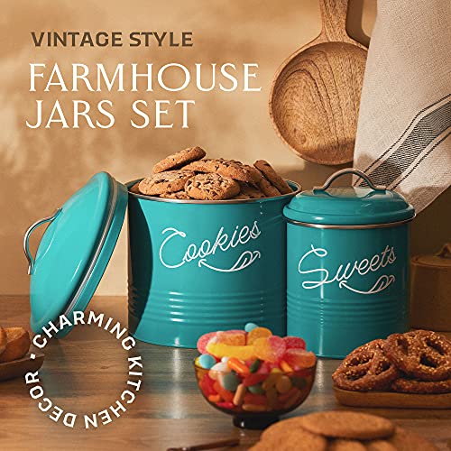 Candy Jar & Cookie Jar for Kitchen counter | Farmhouse Kitchen Jars for Storage of Your Favorite Treats | Large & Medium Canisters Set of Two Cookie & Candy Jars with Lids | Airtight Jar by Nirgals (Teal)