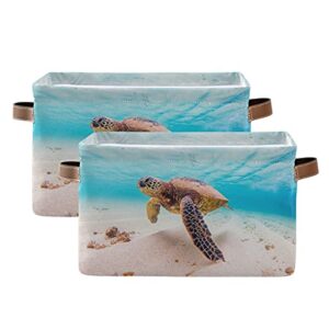 TropicalLife Rectangular Storage Bin Cube Turtle Sea Ocean Foldable Organizer Basket with Handles, Hawaii Beach Animal Collapsible Storage Box for Kids Toy Shelf Closet Nursery