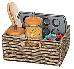 La Jolla Rattan Shelf Basket with Handles, Medium, Black-Wash