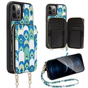 iphone 12 pro max crossbody wallet case, zvedeng iphone 12 pro max card holder case crossbody chain strap for women zipper purse protective leather case for iphone 12 pro max 6.7'' peacock print skin