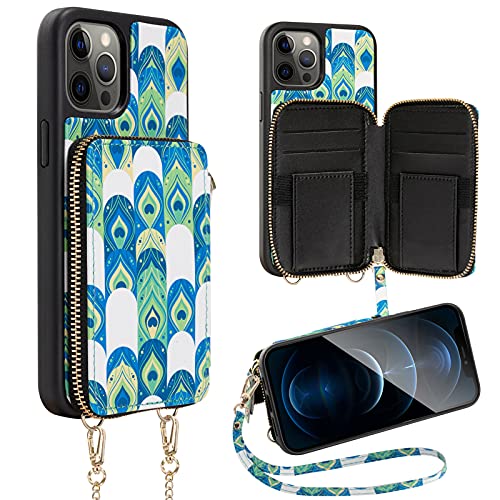 iPhone 12 Pro Max Crossbody Wallet Case, ZVEdeng iPhone 12 Pro Max Card Holder Case Crossbody Chain Strap for Women Zipper Purse Protective Leather Case for iPhone 12 Pro Max 6.7'' Peacock Print Skin