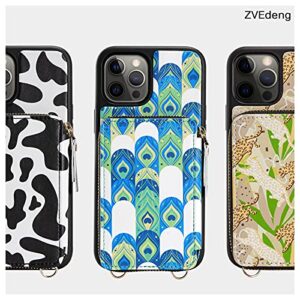 iPhone 12 Pro Max Crossbody Wallet Case, ZVEdeng iPhone 12 Pro Max Card Holder Case Crossbody Chain Strap for Women Zipper Purse Protective Leather Case for iPhone 12 Pro Max 6.7'' Peacock Print Skin