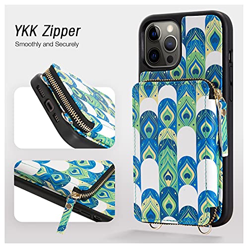 iPhone 12 Pro Max Crossbody Wallet Case, ZVEdeng iPhone 12 Pro Max Card Holder Case Crossbody Chain Strap for Women Zipper Purse Protective Leather Case for iPhone 12 Pro Max 6.7'' Peacock Print Skin