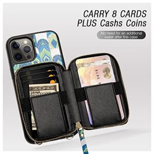 iPhone 12 Pro Max Crossbody Wallet Case, ZVEdeng iPhone 12 Pro Max Card Holder Case Crossbody Chain Strap for Women Zipper Purse Protective Leather Case for iPhone 12 Pro Max 6.7'' Peacock Print Skin