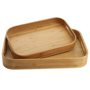 dicunoy set of 2 bamboo serving tray, solid wood breakfast tray with handles, large bamboo food tray great for dinner, tea, coffee, bar, parties, 15.6" l x 10.8" w /12.6" l x 8.5" w