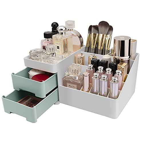 CGBE Makeup Organizer for Vanity Cosmetic Organizer With Drawers Makeup Desk Organizer Skincare Organizer for Cosmetics, Vanity Holder for Lipstick, Brushes, Lotions, Eyeshadow, Nail Polish -Green