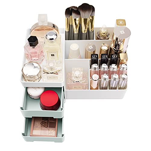 CGBE Makeup Organizer for Vanity Cosmetic Organizer With Drawers Makeup Desk Organizer Skincare Organizer for Cosmetics, Vanity Holder for Lipstick, Brushes, Lotions, Eyeshadow, Nail Polish -Green