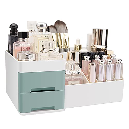 CGBE Makeup Organizer for Vanity Cosmetic Organizer With Drawers Makeup Desk Organizer Skincare Organizer for Cosmetics, Vanity Holder for Lipstick, Brushes, Lotions, Eyeshadow, Nail Polish -Green