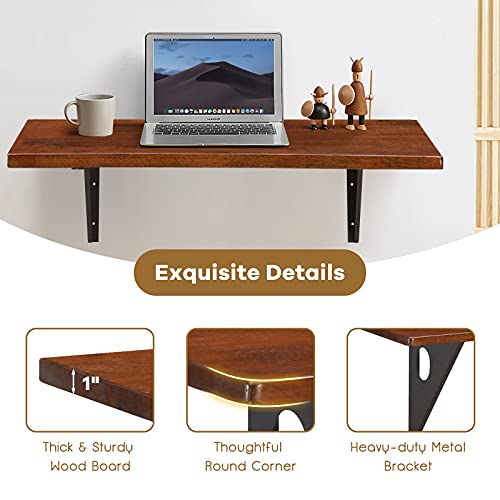Tangkula 40" x 14" Wall-Mounted Table Desk, Floating Desk Wall Desk, Rubber Wood Wall Table w/Sturdy Steel Bracket, Spacious Tabletop, Multifunctional Table for Home, Kitchen, Office (Brown)