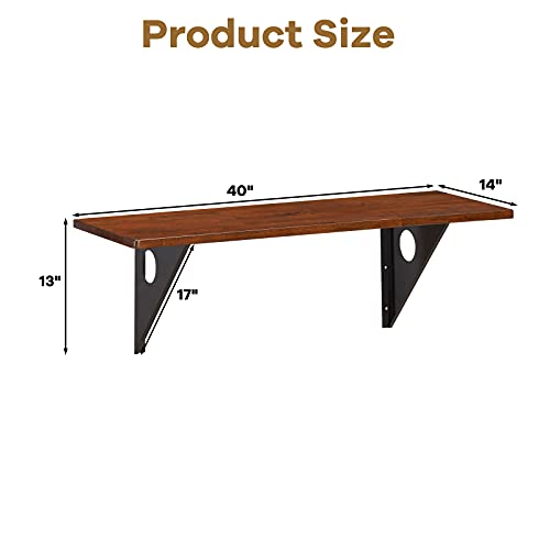 Tangkula 40" x 14" Wall-Mounted Table Desk, Floating Desk Wall Desk, Rubber Wood Wall Table w/Sturdy Steel Bracket, Spacious Tabletop, Multifunctional Table for Home, Kitchen, Office (Brown)