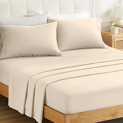 Sonive Full Bed Sheets Set Beige 1800 Super Soft Brushed Microfiber 4 Pieces Bedding Sheets & Pillowcases with Fitted Sheet, Deep Pockets Easy Care