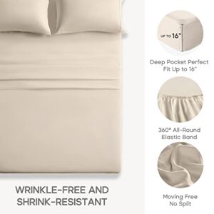 Sonive Full Bed Sheets Set Beige 1800 Super Soft Brushed Microfiber 4 Pieces Bedding Sheets & Pillowcases with Fitted Sheet, Deep Pockets Easy Care