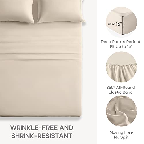 Sonive Full Bed Sheets Set Beige 1800 Super Soft Brushed Microfiber 4 Pieces Bedding Sheets & Pillowcases with Fitted Sheet, Deep Pockets Easy Care