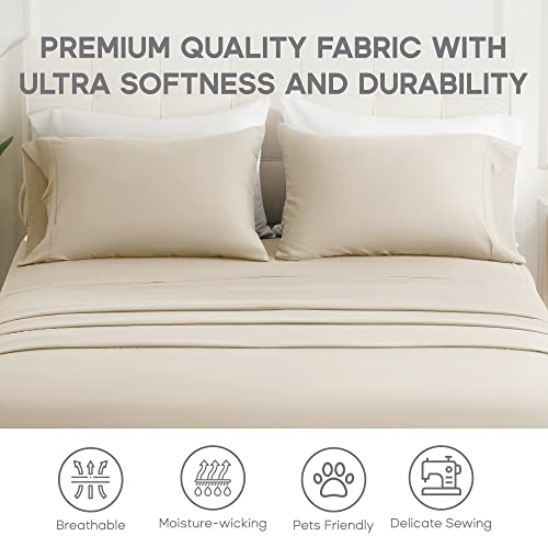 Sonive Full Bed Sheets Set Beige 1800 Super Soft Brushed Microfiber 4 Pieces Bedding Sheets & Pillowcases with Fitted Sheet, Deep Pockets Easy Care