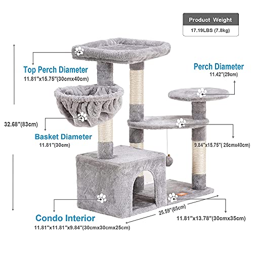 Heybly Cat Tree Cat Tower Condo with Sisal-Covered Scratching Posts and Cooling mat for Kitten Light Gray HCT001SW