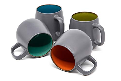 Kook Multicolor Deco Large Ceramic Coffee Mugs, Ceramic, Microwave & Dishwasher Safe, 21 oz, Semi-Matte, Grey, Set of 4