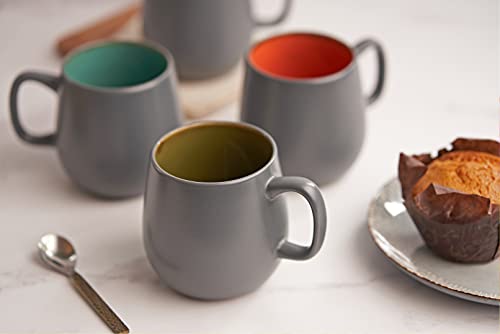 Kook Multicolor Deco Large Ceramic Coffee Mugs, Ceramic, Microwave & Dishwasher Safe, 21 oz, Semi-Matte, Grey, Set of 4