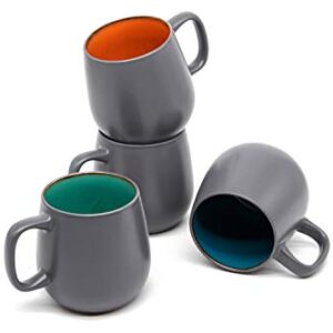 Kook Multicolor Deco Large Ceramic Coffee Mugs, Ceramic, Microwave & Dishwasher Safe, 21 oz, Semi-Matte, Grey, Set of 4