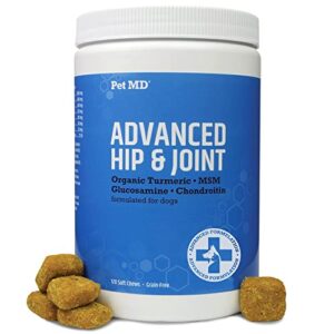 pet md glucosamine for dogs | dog joint supplement with glucosamine, chondroitin & msm - inflammatory pain relief chews for hip & joints - bacon flavored - includes yucca & turmeric - 120 ct