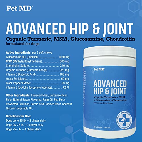 Pet MD Glucosamine for Dogs | Dog Joint Supplement with Glucosamine, Chondroitin & MSM - Inflammatory Pain Relief Chews for Hip & Joints - Bacon Flavored - Includes Yucca & Turmeric - 120 Ct