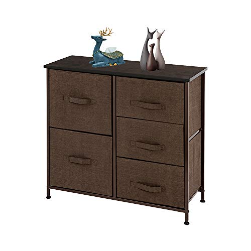 Wide Dresser Storage Tower with 5 Drawers - Sturdy Steel Frame, Wood Top, Easy Pull Fabric Bins - Organizer Unit for Bedroom, Hallway, Entryway, Closets - Textured Print Brown