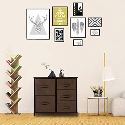 Wide Dresser Storage Tower with 5 Drawers - Sturdy Steel Frame, Wood Top, Easy Pull Fabric Bins - Organizer Unit for Bedroom, Hallway, Entryway, Closets - Textured Print Brown