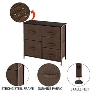 Wide Dresser Storage Tower with 5 Drawers - Sturdy Steel Frame, Wood Top, Easy Pull Fabric Bins - Organizer Unit for Bedroom, Hallway, Entryway, Closets - Textured Print Brown