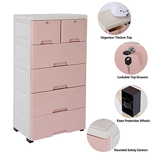 6 Drawer Dresser Storage Tower, PP Plastic Cabinet Vertical Dresser Tower Tall Closet Storage Dresser with 4 Wheels ,5 Layer Small Closet Drawers Organizer Unit for Clothes,Easy to Assembly (Pink)