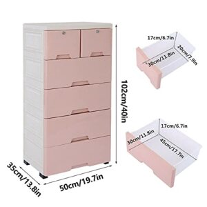 6 Drawer Dresser Storage Tower, PP Plastic Cabinet Vertical Dresser Tower Tall Closet Storage Dresser with 4 Wheels ,5 Layer Small Closet Drawers Organizer Unit for Clothes,Easy to Assembly (Pink)