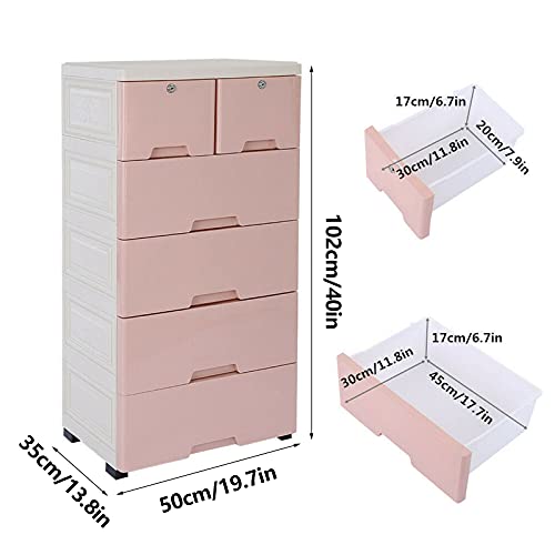 6 Drawer Dresser Storage Tower, PP Plastic Cabinet Vertical Dresser Tower Tall Closet Storage Dresser with 4 Wheels ,5 Layer Small Closet Drawers Organizer Unit for Clothes,Easy to Assembly (Pink)