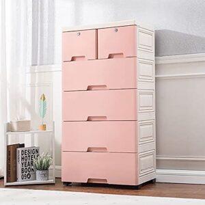 6 Drawer Dresser Storage Tower, PP Plastic Cabinet Vertical Dresser Tower Tall Closet Storage Dresser with 4 Wheels ,5 Layer Small Closet Drawers Organizer Unit for Clothes,Easy to Assembly (Pink)