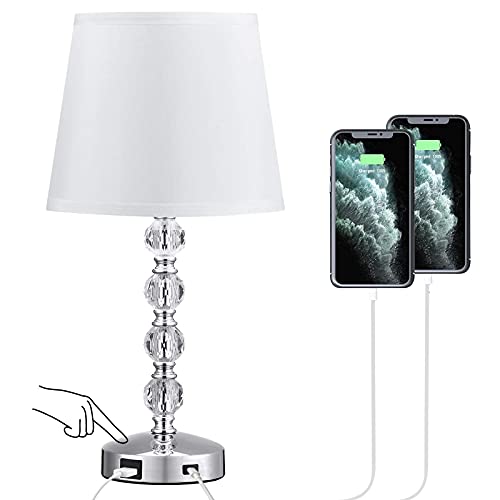 Crystal Lamp with USB Port - Touch Control Table Lamp for Bedroom 3 Way Dimmable Nightstand Bedside Lamp with White Fabric Shade, 17” Small Lamps for Living Room, Dorm, Home,Office(LED Bulb Included)