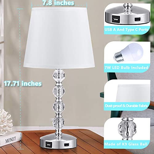 Crystal Lamp with USB Port - Touch Control Table Lamp for Bedroom 3 Way Dimmable Nightstand Bedside Lamp with White Fabric Shade, 17” Small Lamps for Living Room, Dorm, Home,Office(LED Bulb Included)