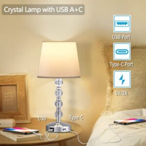 Crystal Lamp with USB Port - Touch Control Table Lamp for Bedroom 3 Way Dimmable Nightstand Bedside Lamp with White Fabric Shade, 17” Small Lamps for Living Room, Dorm, Home,Office(LED Bulb Included)