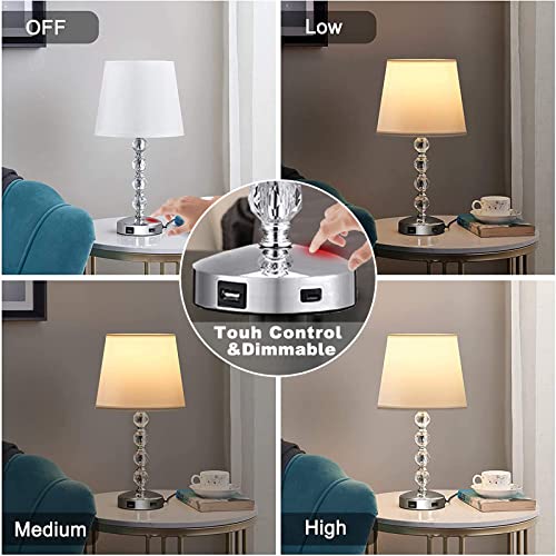 Crystal Lamp with USB Port - Touch Control Table Lamp for Bedroom 3 Way Dimmable Nightstand Bedside Lamp with White Fabric Shade, 17” Small Lamps for Living Room, Dorm, Home,Office(LED Bulb Included)