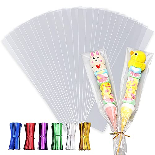 LEOSINDA 100pcs 3 X 11 Clear Long Flat Gift Wrap Cellophane Bags Cookie Bags with 6 Mix Colors Twist Ties Cello Goodie Treat Bags Bakery Party favor Packaging 1.3mil…
