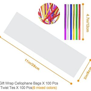 LEOSINDA 100pcs 3 X 11 Clear Long Flat Gift Wrap Cellophane Bags Cookie Bags with 6 Mix Colors Twist Ties Cello Goodie Treat Bags Bakery Party favor Packaging 1.3mil…
