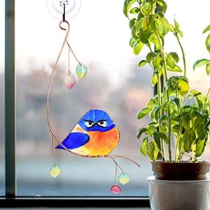 Lolitarcrafts Grumpy Owl Stained Glass Suncatcher Bluebird Stained Glass Window Hangings Glass Painting Bird Hanging