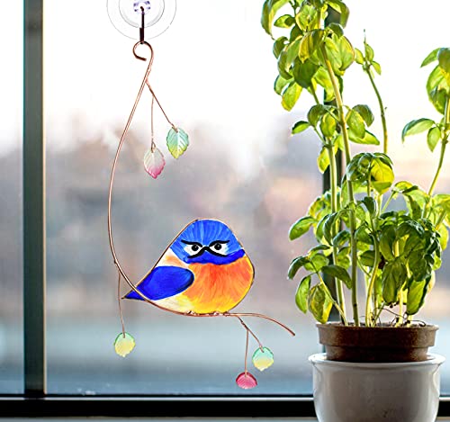 Lolitarcrafts Grumpy Owl Stained Glass Suncatcher Bluebird Stained Glass Window Hangings Glass Painting Bird Hanging