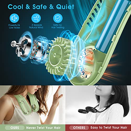 zelaxy Portable Neck Fan, 4000mAh Battery Rechargeable Wearable Personal Hands Free Fan, Bladeless Cooling Fan with Neck Adjustable Design, 3 Wind Speed for Outdoor, Camping (Mint Green)